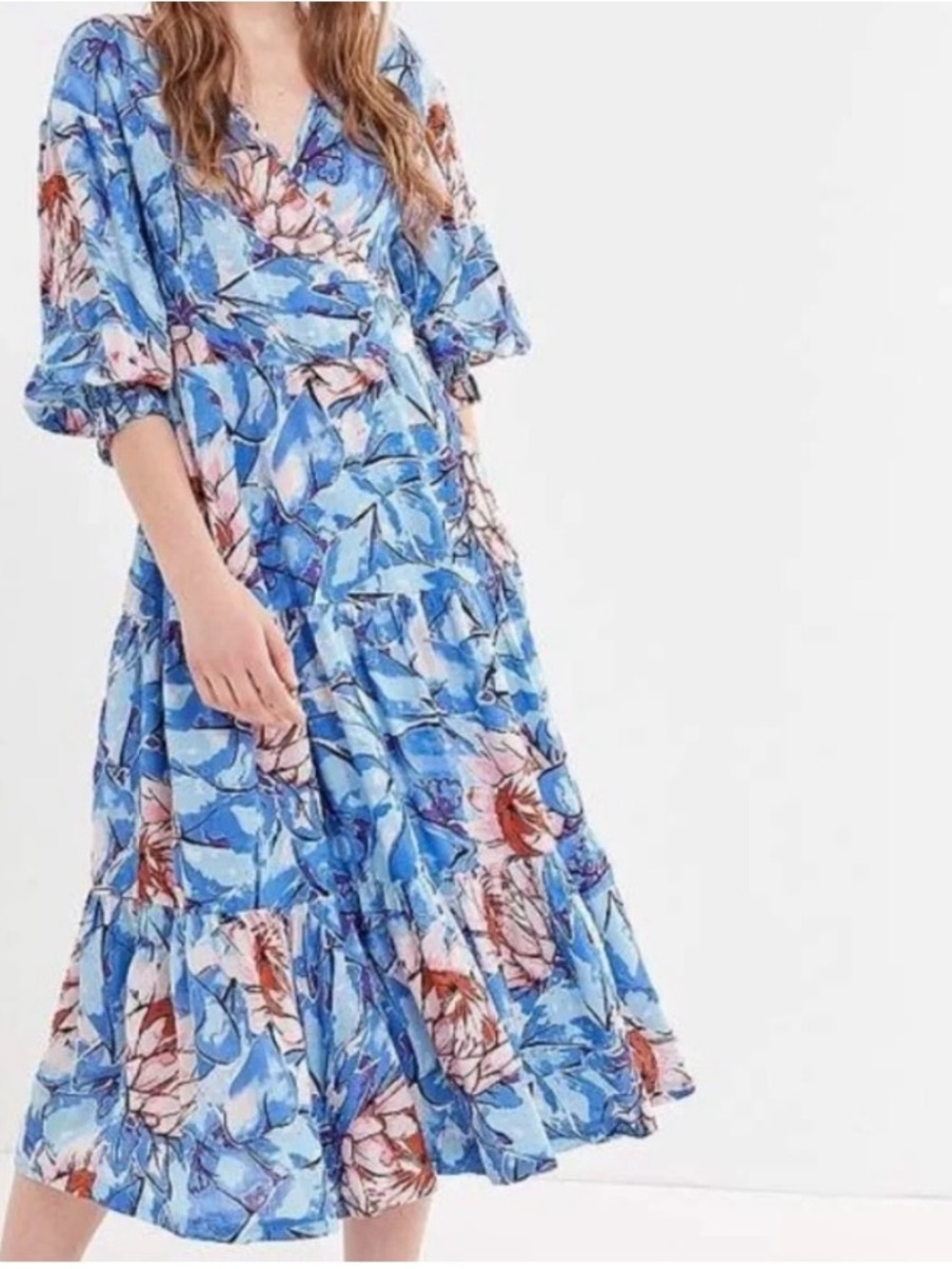 Urban Outfitters Blue Floral Wrap Midi Dress